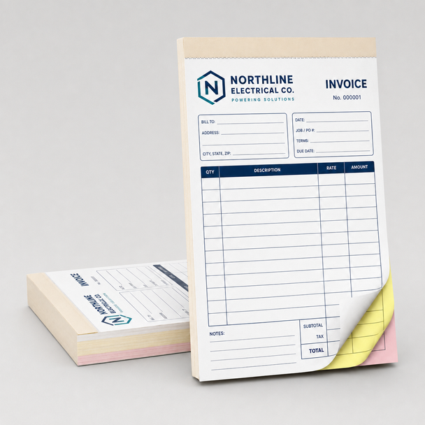 Custom 4.25 x 5.5 full color carbonless NCR invoice book with wrap around cover