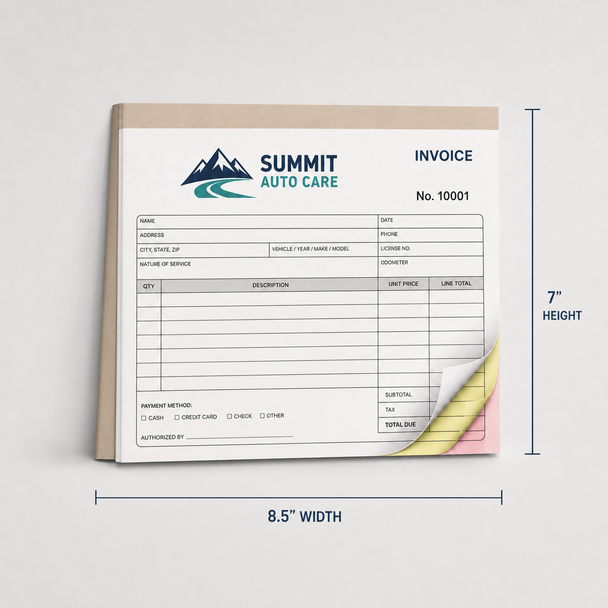 Custom 8.5 x 7 full color carbonless NCR invoice book with wrap around cover