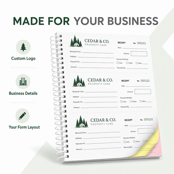 3 receipts per page layout with perforated customer slips and bound audit stubs