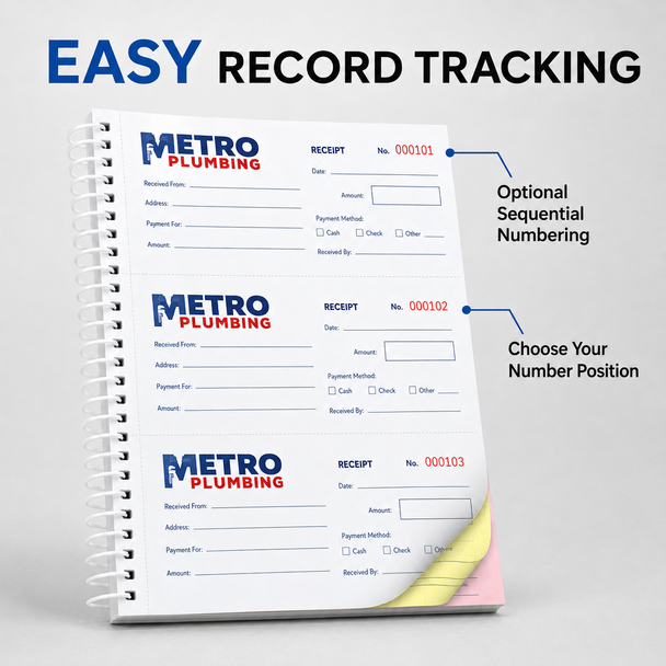 Custom spiral bound 3-up carbonless NCR money receipt book in 8.5x7 and 8.5x11