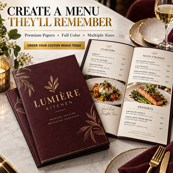 Elegant burgundy Lumière Kitchen restaurant menu displayed with open appetizer, main-course, and dessert pages.