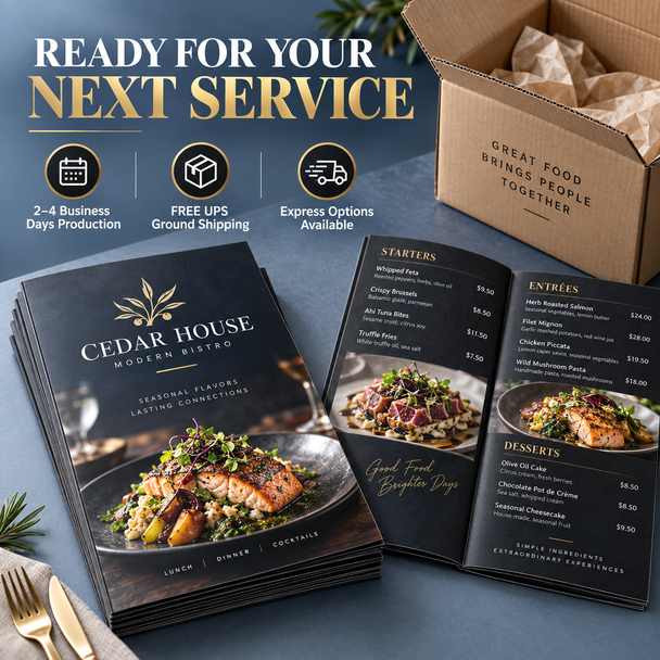Custom Cedar House restaurant menus beside a shipping box with production, ground shipping, and express-delivery information.