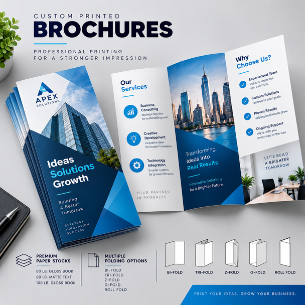 Custom printed tri-fold brochure featuring architectural photography and teal accents