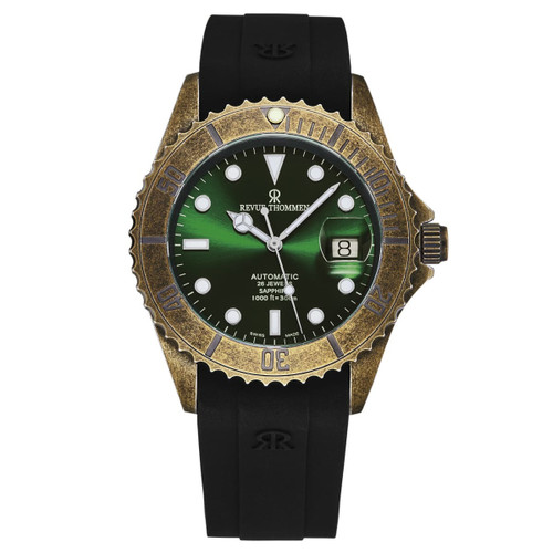 Revue Thommen Men's 'Diver' Green Dial Black Rubber Gunmetal Automatic Watch 17571.2884