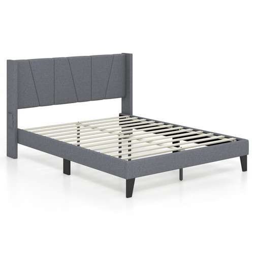 Full/Queen Size Bed Frame with Wingback Headboard and Wood Slat Support