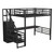 Full Size Metal Loft Bed with Desk, Storage Staircase and Small Wardrobe, Storage stairs can be installed left and right