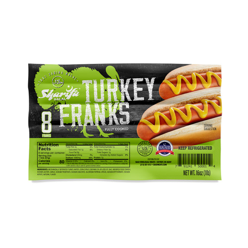 Sharifa Halal Turkey Franks in a package on a white background.