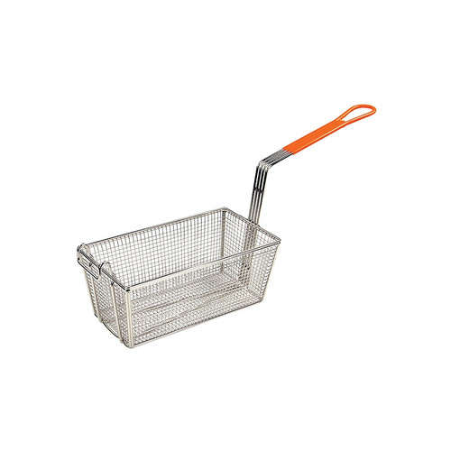 Winco FB-10 12-1/8" x 6-1/2" x 5-3/8" Fry Basket with Front Hook, Orange Plastic Handle