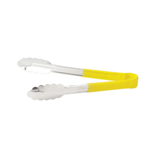 Winco UTPH-9Y 9" Stainless Steel Utility Tong with Yellow PVC Handle