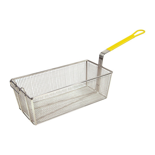 Winco FB-40 17" x 8-1/4" x 6" Fryer Basket with Front Hook, Yellow Plastic Handle