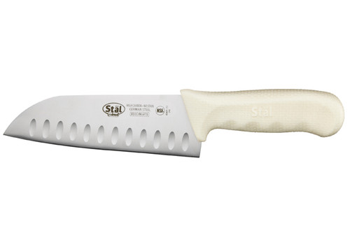 Winco KWP-70 Stal Santoku Knife, 7" Long, Granton Blade, White Handle