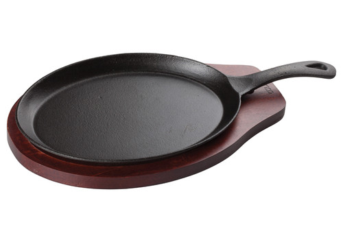 Winco FS-2 Cast Iron Fajita Skillet with Handle and Mahogany Wood Underliner