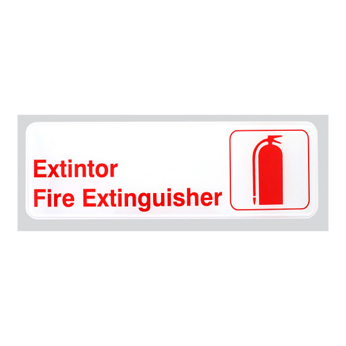 Tablecraft 394582 9" x 3" Extintor/Fire Extinguisher Sign, Bilingual, Red on White