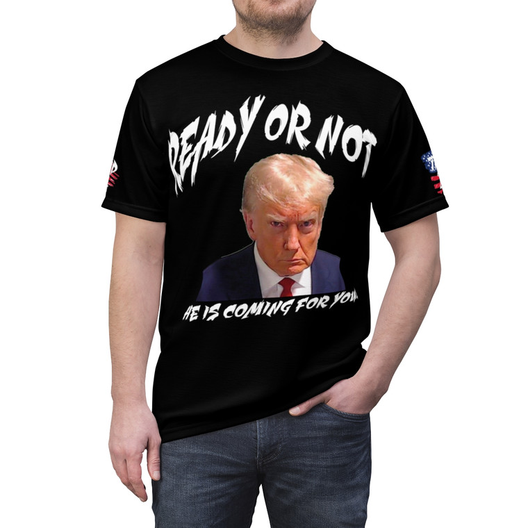 Trump He is coming for you black Unisex Cut & Sew Tee (AOP)