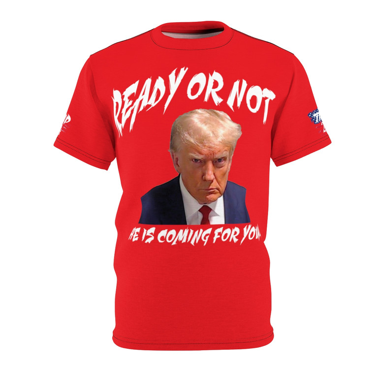 Trump He is coming for you red Unisex Cut & Sew Tee (AOP)