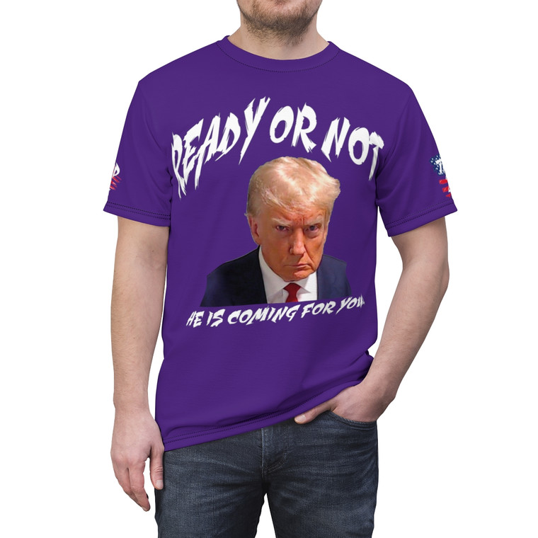 Trump He is coming for you purple Unisex Cut & Sew Tee (AOP)