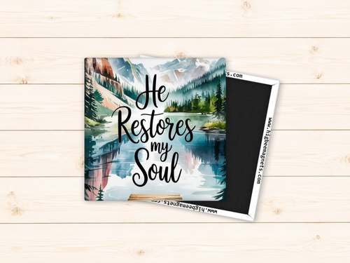 Watercolor Mountains, Lake & Forest Trees He Restores My Soul
