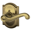 SCHLAGE F170FLA609CAMRH  Antique Brass Single Dummy Flair Door Lever with the Decorative Camelot Rose for Right Handed Doors.