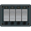 BLUE SEA SYSTEMS BS-8262 BLUE SEA SYSTEMS Waterproof Switch Panel, MFG# , Consists of four illuminated Contura switches with front-mounted fuse holders for AGC glass fuses (not included). 12 or 24 Volt DC. Horizontal orientation. 5.25"W x 3.75"H.