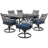 Hanover MCLRDN7PCSQSW6-NVY Montclair 7-Piece Set in Navy Blue with 6 Swivel Rockers and a 40" x 67" Dining Table Outdoor Furniture