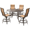 Hanover MANDN5PC-BR Manor 5-Piece High-Dining Set with a 56 in. Cast-top Table and 4 Counter-Height Swivel Chairs Outdoor Furniture, Tan