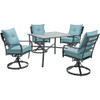 Hanover LAVDN5PCSW-BLU -SU Lavallette 5-Piece Ocean Blue with 4 Swivel Rockers, 42-in. Square Glass-Top Table, Umbrella, and Base Outdoor Dining Set