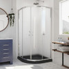 DreamLine DL-6703-89-01FR The DreamLine Prime sliding shower enclosure and base kit adds style and bold design to your shower space. The neo round sliding style of the Prime enclosure can fit into virtually any corner, making it perfect for smaller