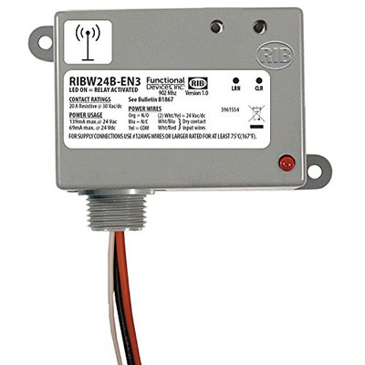 Functional Devices RIBW24B-EN3 | FDI | EnOcean 902 Mhz Enclosed Relay 20Amp 24Vac 2-Way Wireless Dry-Cont. Input