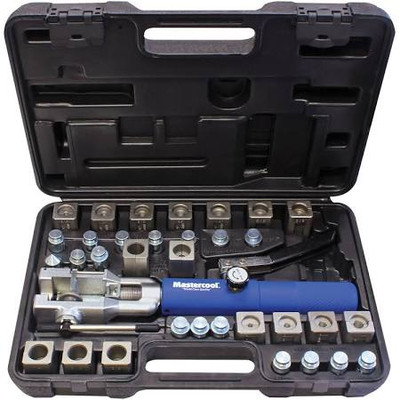 Mastercool MSC-72485-PRC Silver/Blue Universal Hydraulic Flaring Tool Set (3/8" & 1/2" Transmission Cooling Line Die/Adapter Sets Plus Tube Cutter). Mastercool MSC-72485-PRC Silver/Blue Universal Hydraulic Flaring Tool Set (3/8" & 1/2" Transmission Cooling Line Die/Adapter Sets Plus Tube Cutter).