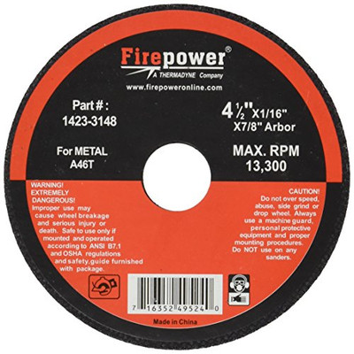 Firepower VCT-1423-3184 Type 1 Abrasive Cut-Off Wheel for Metal, 4-1/2-Inch Diameter, 1/16-Inch Width with 7/8-Inch Hole, 5-Pack.