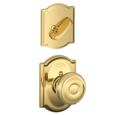 SCHLAGE F59GEO605CAM Lock Company Polished Brass Georgian Interior Pack Knob Set with Single Cylinder Deadbolt and Decorative Camelot Rose