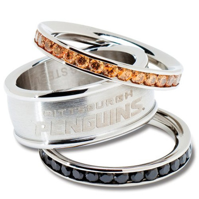 Logo Art PEN035CR-SZ6 Pittsburgh Penguins PITTSBURG PENGUINS TEAM LOGO CRYSTAL STACKED RING SET SIZE 6