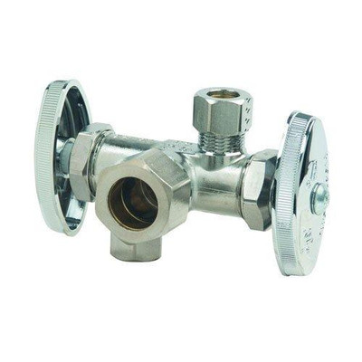 T&S Brass BCR1901DVXC BrassCraft 1/2" Nom Comp x 3/8" O.D. Comp x 3/8" O.D. Comp Dual Outlet Dual Shut-Off Brass Multi-Turn Angle Valve