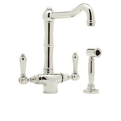 Rohl 103448 Country Kitchen Single Hole Faucet with Metal Levers Sidespray and Column Spout, Polished Nickel