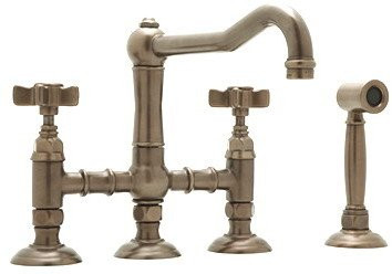 Rohl 117844 Country Kitchen Two Handle Widespread Bridge Faucet with Cross Handles Side Spray Finish: Polished Nickel, Handle Option: Porcelain Lever