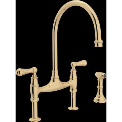 Rohl 103505 - PERRIN & ROWE GEORGIAN ERA DECK MOUNT BRIDGE KITCHEN FAUCET WITH SIDESPRAY IN UNLACQUERED BRASS WITH HIGH ^C^ SPOUT AND METAL ALSACE LEVERS