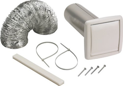 Broan WVK2A Broan Wall Vent Kit, 5' of 4" flexible aluminum duct, louvered Wall Cap for 4" round duct connection, 4" to 3" reducer, 4" dia. connector, (2) 4" dia. clamps, screws for attachment