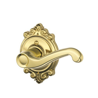 SCHLAGE F170FLA605BRKRH Lock Company Polished Brass Single Dummy Single Dummy Flair Door Lever with the Decorative Brookshire Rose for Right Handed Doors