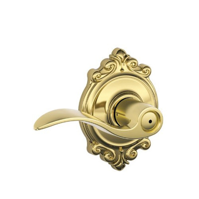SCHLAGE F40ACC605BRK Lock Company Polished Brass F-Series Privacy Accent Door Leverset with the Decorative Brookshire Rose.