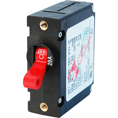 BLUE SEA SYSTEMS BS-7213 BLUE SEA SYSTEMS / Circuit Breaker, A Series, single pole, red toggle switch, 20A AC/DC, MFG# , Magnetic/hydraulic operation, panel mount with 5/8 & quot round opening, won & #039 t reset w/ short
