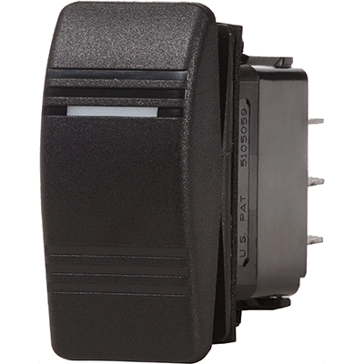 BLUE SEA SYSTEMS BS-8287 BLUE SEA SYSTEMS / Contura Switch, Black, DPST off-on, MFG , Double Pole-Single Throw, Off-On, Black actuator, moisture resistant, 1.45" x .83" mounting hole, 1 LED, 20 Amp @ 12VDC, 15 Amp @ 24VDC.