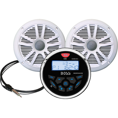 BOSS AUDIO SYSTEMS BOSS-MCKGB350W.6 BOSS Audio Receiver / Speaker Package, Bluetooth, MP3/USB AM/FM Marine Stereo, (No CD/DVD), Two 6.5 Inch Speakers, Antenna