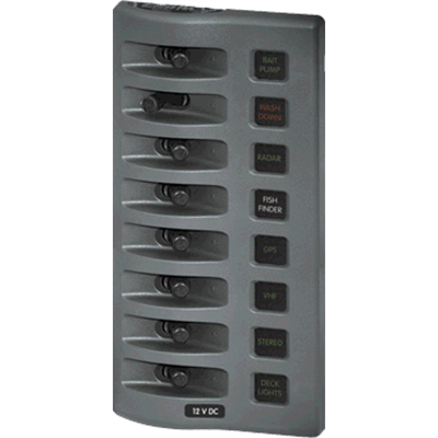 BLUE SEA SYSTEMS BS-4308 Sw Pnl, Toggle w/ Fuses, 8 Sw, Gray