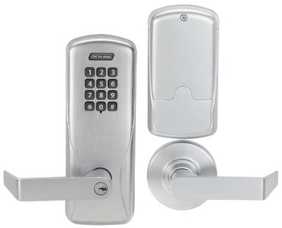 Schlage100CY70KPRHO626 CO Series Class 100 Offline Electronic Lock, Cylindrical Chassis, Classroom/Storeroom Function, Keypad, Rhodes Lever, Satin Chrome Finish