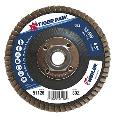 WEILER 804-51126 4-1/2 TIGER PAW ABRASIVE FLAP DISC- ANGLED- 80Z