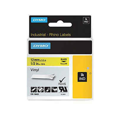 Dymo RNO18432 Industrial Labels for Industrial Rhino Label Makers, Black on Yellow, 1/2", 1 Roll ()