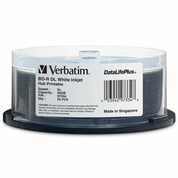 VERBATIM AMERICAS LLC 97334 VERBATIM BD-R DL 50GB 6X DATALIFEPLUS WHITE INKJET PRINTABLE, HUB PRINTABLE - 25
