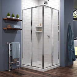 DreamLine DL-6709-01 The DreamLine Cornerview sliding shower enclosure provides a modern solution to maximize space with a corner installation and center opening design. The Cornerview has a straight edged style that provides a comfortable showering