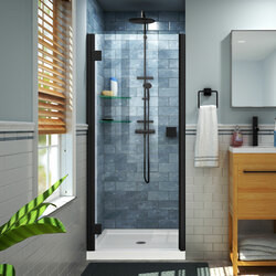 DreamLine DL-533242-09 The DreamLine Lumen semi-framed swing shower door and SlimLine base kit offer unique style and functional appeal, while keeping your budget in mind. The Lumen has a modern wall profile design with integrated hinges (patent