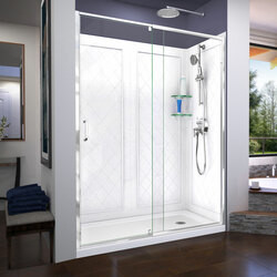 DreamLine DL-6228R-01 The DreamLine Flex pivot shower door, SlimLine base, and Q-Wall backwall kit offers modern appeal at a budget friendly price point. The versatile Flex model combines cutting-edge pivot hardware, simple installation and
